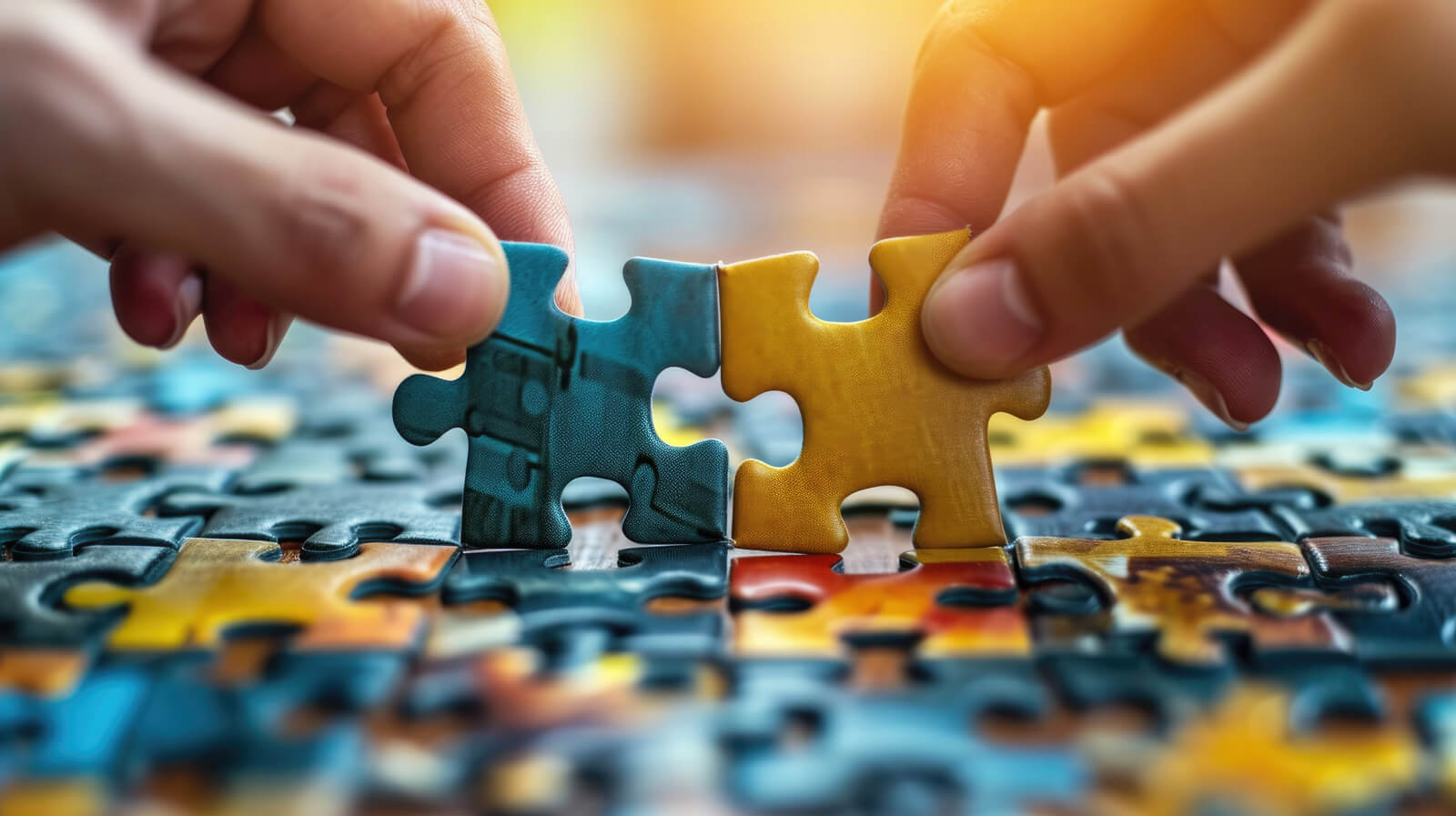 Zwei Hände die ein Puzzle lösen 
