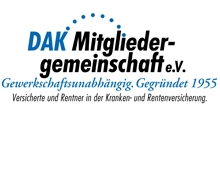 Logo der DAK Mitgliedergemeinschaft e. V. Gewerkschaftsunabhängig. Gegründet1955. Versicherte und Rentner in der Kranken- und Rentenversicherung