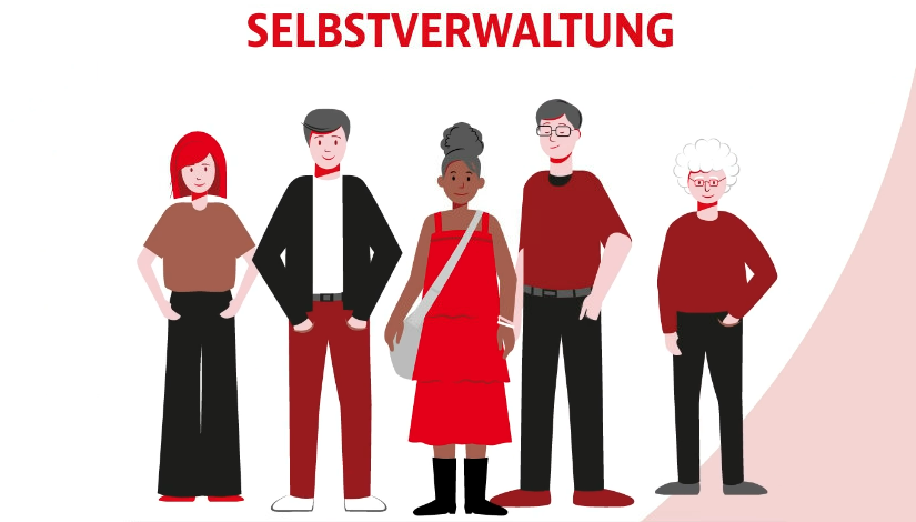 Menschen als Illustration vor dem Schriftzug Selbstverwaltung